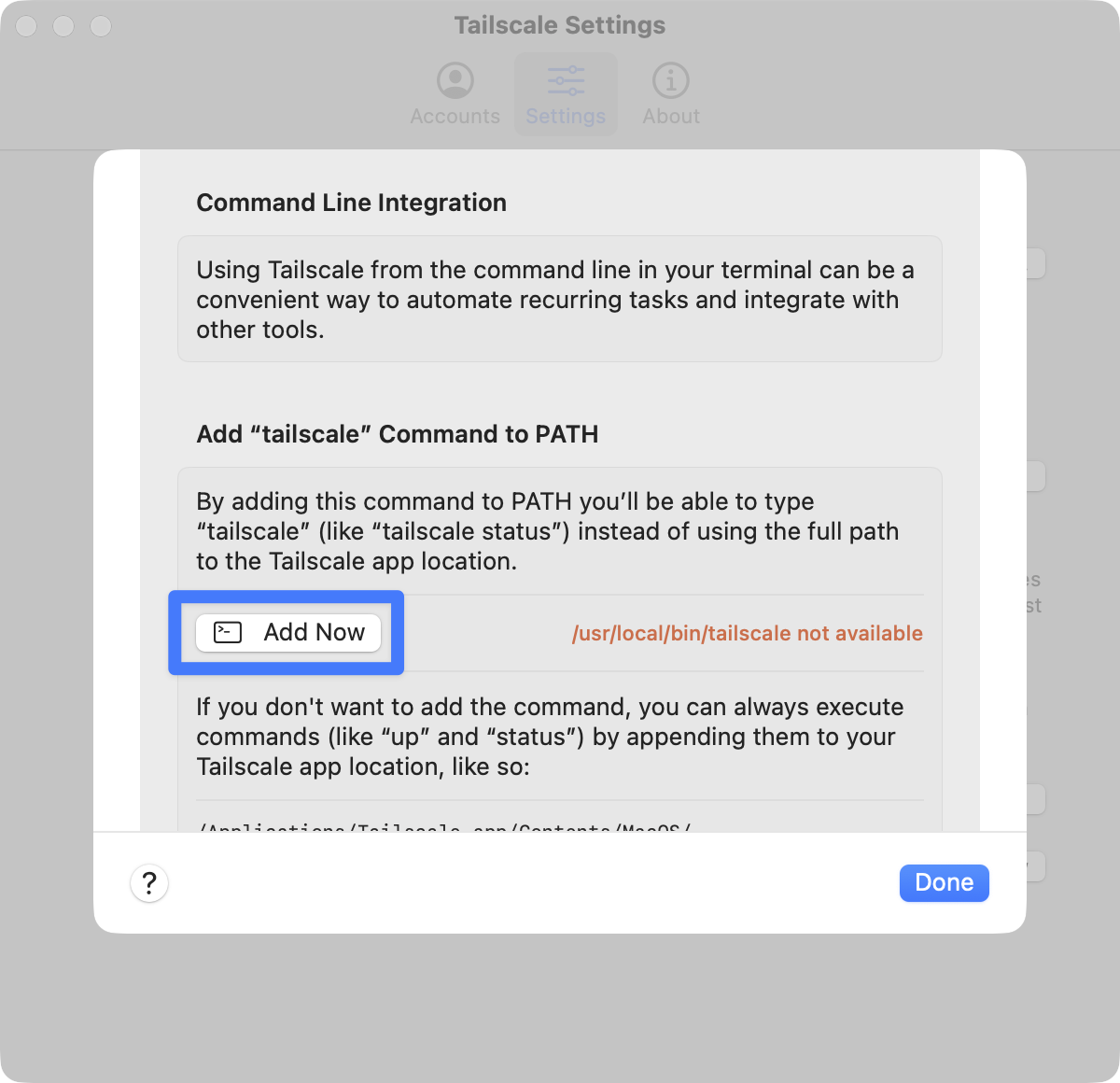 CLI Integration dialog with Add Now button